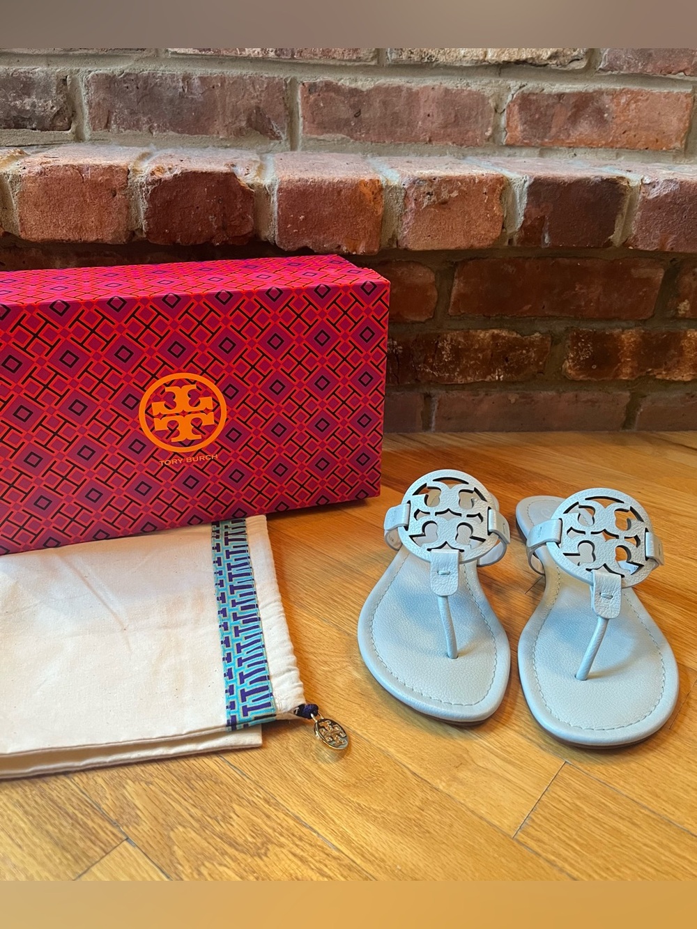 Tory Burch Seltzer Light Blue Tumbled Leather Miller Sandals
